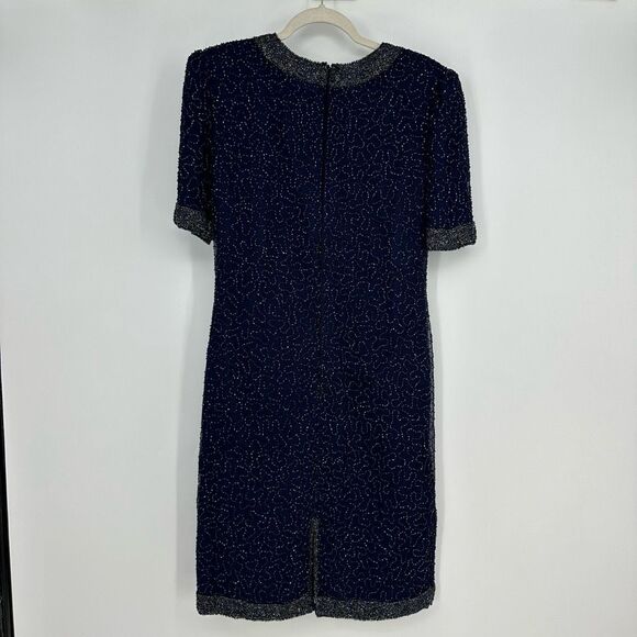 Vintage Laurence Kazar Silk All Over Beaded Mini Dress Size L Navy Cocktail - Picture 13 of 13